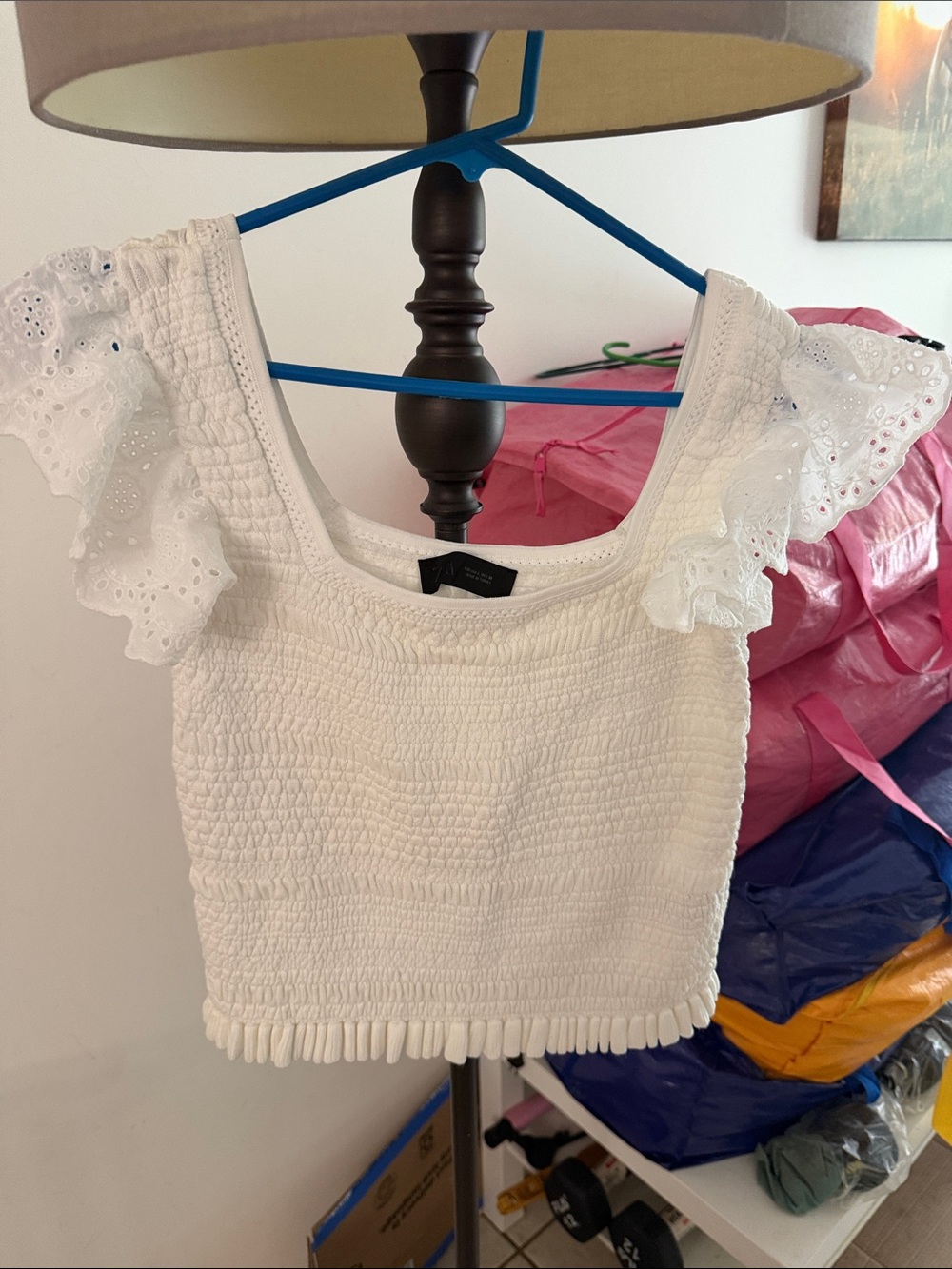 Zara White Smocked Eyelet Ruffle Crop Top